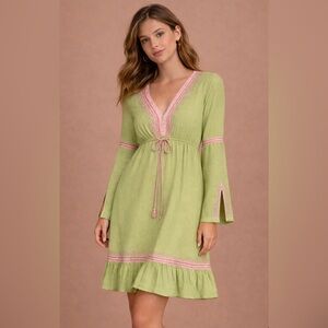 Moda International Boho Praire Embroidered Green and Pink Midi Dress